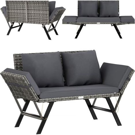 Banc de jardin en polyrotin gris 176x56x81cm Canapé 2 en 1 (1/5)