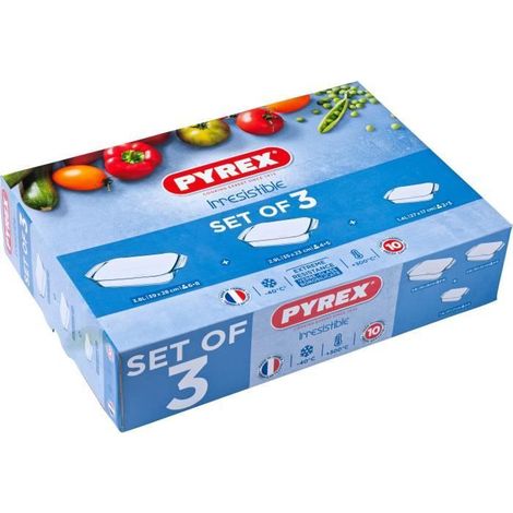 Pyrex Set 3 Plats en Verre Borosilicate Rectangulaires 2,2 	3,1 	4 L (1/4)