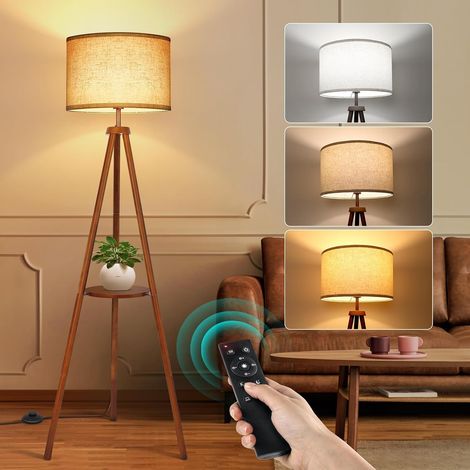 OUTON Tripod Floor Lamp with Shelves, Dimmable LED, Walnut  Remote control, 4 colour temperatures, wood, beige linen shade, living room, bedroom (1/5)