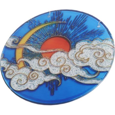 Décoration d'intérieur : Suspension décorative en acrylique coloré représentant un soleil, une lune et des nuages, avec pare-soleil intégré. (1/5)