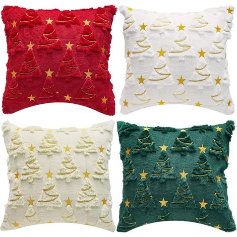 Lot de 4 Taies d'oreiller de Noël Housses de Coussin de canapé Vert de Noël 45x45 cm Décoration Festive pour Salon, Chambre, Ferme, Salon, canapé, Fauteuil et Pendaison de crémaillère. (1/5)