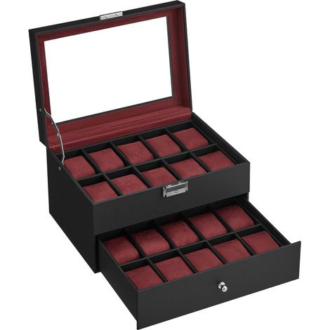 Boîte à Montres 20 Compartiments, Coffret à Montres, avec Couvercle en Verre, Écrin à 2 Niveaux, avec Coussinets Amovibles, Revêtement en Noir et Doublure en Rouge Bourgogne (1/5)