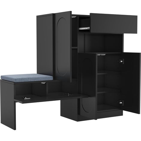 Zapatero 2 en 1 negro con asiento acolchado 130x35x110 cm, puertas abatibles y cierre soft-close (1/5)