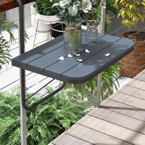 Balkontisch zum Einhängen, klappbar, Aluminium schwarz, Tischplatte in Holzoptik 60 x 40 cm, höhenverstellbar