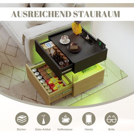 Table de nuit connectée avec recharge sans fil, lampe d'ambiance LED, prises USB et 2 tiroirs – meuble d'appoint design pour chambre (noir et bois clair) (1/5)