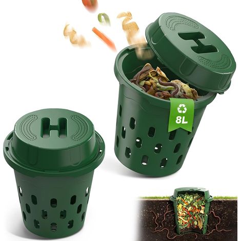 2 Pièces 8L Souterrain Composteur de Jardin Petit avec Couvercle,24x23cm PVC Lombricomposteur avec Trous de Ventilation,Organique Composteur,pour Jardins,Massifs de Fleurs,Cours (1/5)
