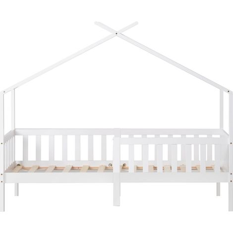 Lit cabane enfant 90x200 cm blanc style maison avec sécurité, toit stable, grand espace de rangement et barrières de protection pour chambre enfant - CHICFURN (1/5)