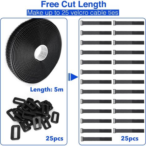 Velcro, 5 m x 2,5 cm, Velcro à 25 boucles, fermeture Velcro, attaches de câble réglables, sécables et réutilisables pour câbles, cordes, tuyaux, attaches de câble Velcro extra résistantes
