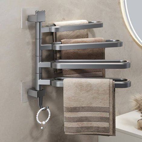1 Porte-serviettes rotatif, acier inoxydable, 4 barres, fixation murale sans perçage, 38 x 36 cm, salle de bain et cuisine (1/5)