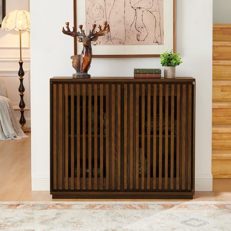 Buffet étroit Mid-Century 99x23,5x82,6 cm,portes ajourées,12 tasseaux en bois massif,2 passages pour prises,MDF P2,effet noyer (1/5)