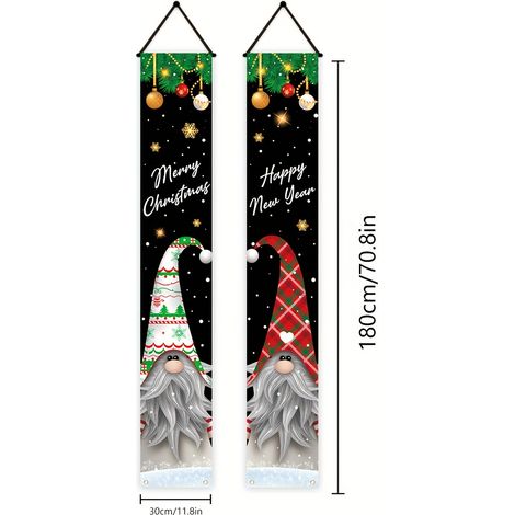 Bannière décorative à carreaux avec le Père Noël et un nouveau couplet de Noël 2026 - 180 x 30 cm - SDJDL-22