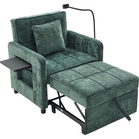 Sofá cama individual convertible de chenilla verde con cojín, bolsillo lateral y mesa auxiliar (1/5)