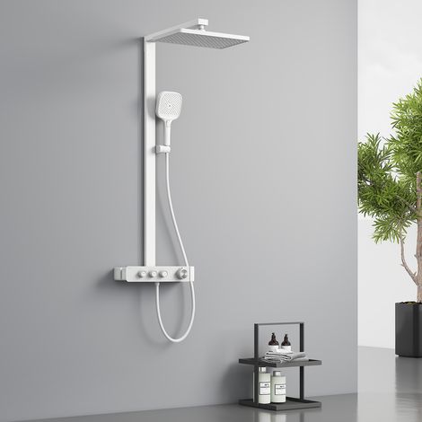 EMKE Duschsystem mit Thermostat Weiß Matt Duscharmatur Komplettset 36x24 cm Regendusche 3 Strahlarten Handbrause Brausestange und Schlauch (1/5)