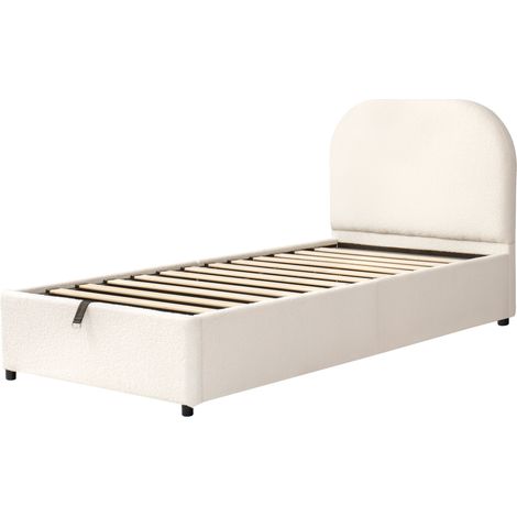 Cama infantil 90 x 200 cm con almacenaje hidráulico, somier y cabecero bouclé beige (1/5)