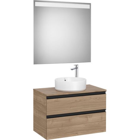 Pack meuble "The gap" 800 pour vasque à poser - 2 tiroirs + plan + miroir LED - noyer/poignées noires - Roca (1/2)