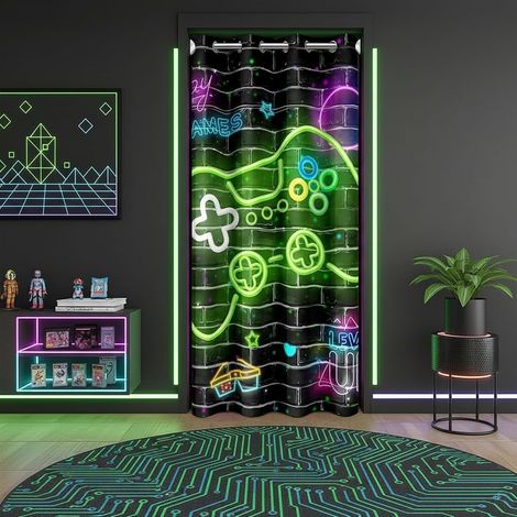 Rideau de porte pour garçon - Motif manette de jeu - 86 x 203 cm - Aquarelle néon - Pour l'extérieur - Rétro abstrait - Motif mur de briques - Pour chambre à coucher - 86L X 203H cm (1 Panneaux) (1/5)