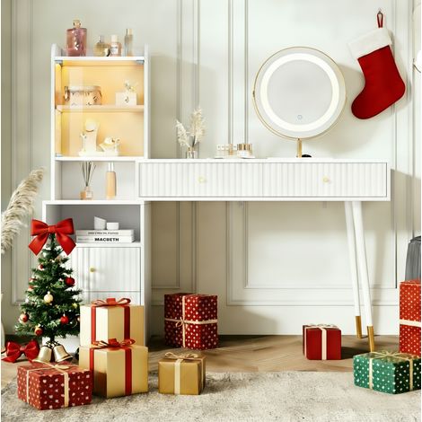 Toeletta con specchio LED a 3 colori, 4 cassetti, armadio con anta in vetro, bianco HAVRYA (1/5)