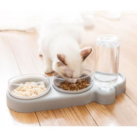 pair 3 en 1 Gamelle pour Petit Chat et Chien Distributeur d\\'Eau Gamelle Double 360° Rotation Gris