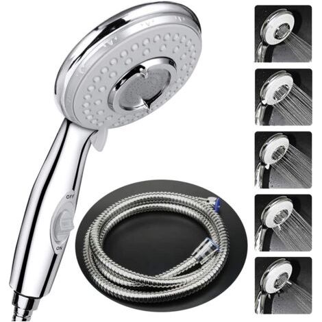 Pommeau Douche + 2 M Tuyau de Douche Flexible, Pommeau de Douche avec Tuyau, 5 Modes Economiseur d'eau et bouton de l'interrupteur, Haute Pression Douchette Pommeau Acier Inoxydable (1/5)