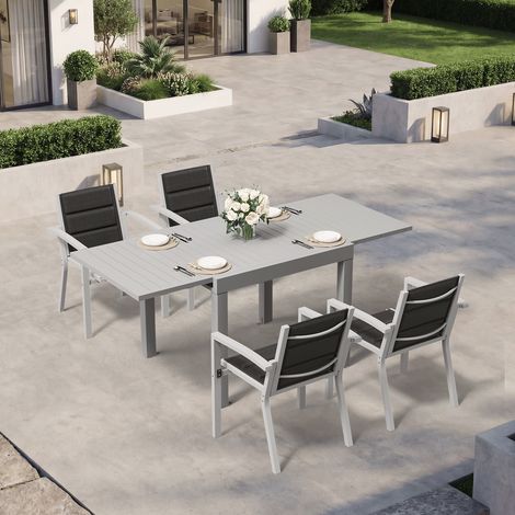 Ensemble Table Chaise Jardin 4 personnes, Table Jardin Chaise en Aluminium, 4 Chaises Jardin Empilables et 1 Table Jardin Extensible (80/160 cm), Imperméable, Antirouille, Tout Temps, Gris Clair (1/5)