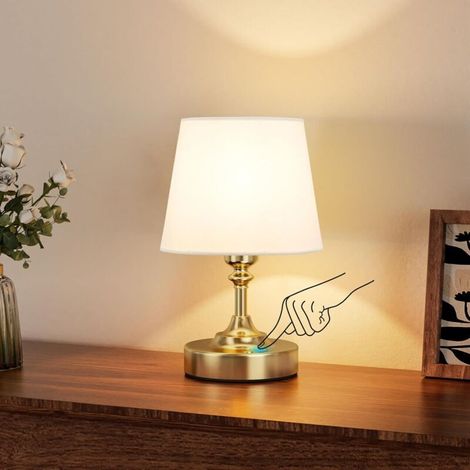 Petite Lampe de Chevet Tactile, LED Lampe de Table Sans Fil Batterie Rechargeable, Variateur Continu, Abat-jour en Lin Blanc, pour Chambre à Coucher Salon Cuisine Décoration(Laiton)