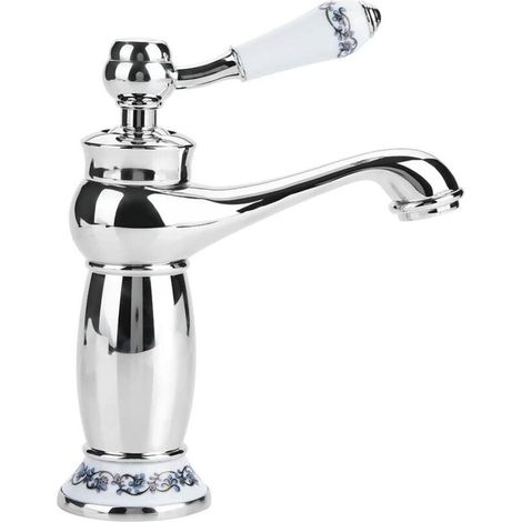 Grifo monomando retro para lavabo, de latón y cerámica, azul y blanco, porcelana, cuello largo, estampado floral vintage con suministro de agua fría/caliente, cocina, baño (cromado) (1/5)