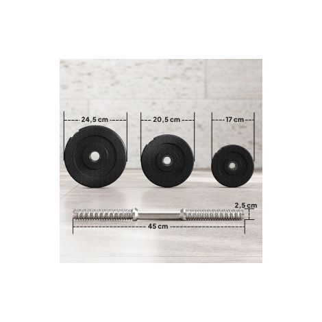 Set de mancuernas ajustables 40 kg con 2 barras metálicas y 12 discos, negro (1/5)