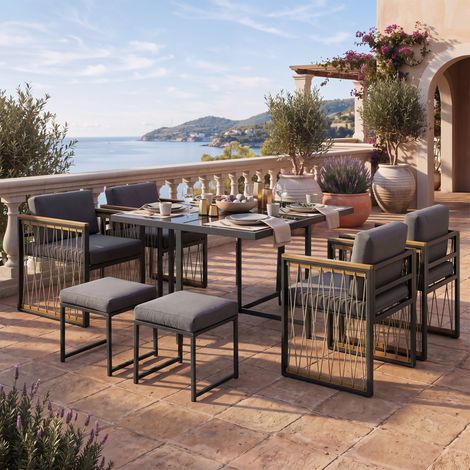 Ensemble de salle à manger d'extérieur 7 pièces pour 6 personnes - Table en verre trempé et chaises de jardin avec rampes plastique et bois pour repas en terrasse et jardin