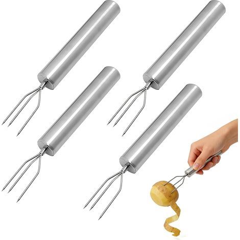 Lot de 4 fourchettes à pommes de terre en acier inoxydable avec 3 dents, fourchettes pratiques pour légumes et épis de maïs, aide à l'épluchage robuste, réutilisable pour barbecue de camping en (1/5)