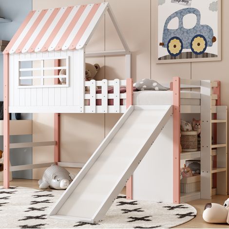 Kinderbett Hochbett Rutsche mit 90x200 Rosa HAVRYA