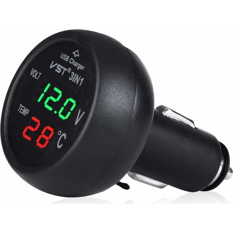 Prise de chargeur de voiture 12-24 V avec port USB/voltmètre/thermomètre pour voitures (vert + rouge) (1/5)