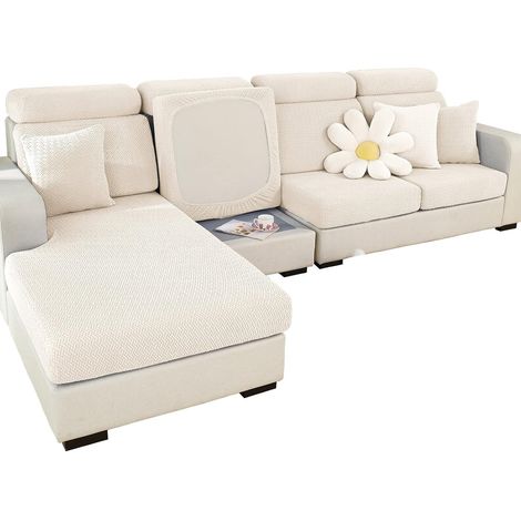Housse Coussin Canapé Extensible Housse de Siège de Canapé pour Canape d'angle en Forme de L Protection Couvre pour Chaise Longue (Chaise Longue, Tissage Blanc) (1/5)