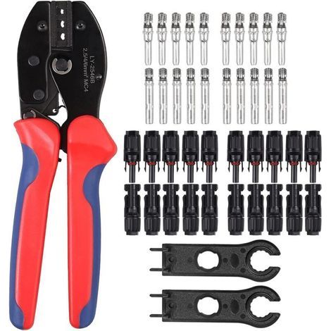 Pince à sertir solaire professionnelle avec 10 paires de connecteurs PV mâles/femelles + matrices 2,5–6 mm² + 2 clés incluses (1/4)