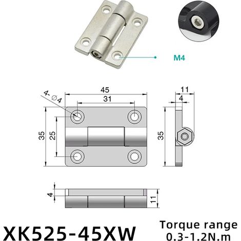 (XK525-45XW) 2 charnières à clapet pliantes en plastique et alliage de zinc avec amortisseur de torsion, butée de positionnement réglable et tampon de couple (1/5)