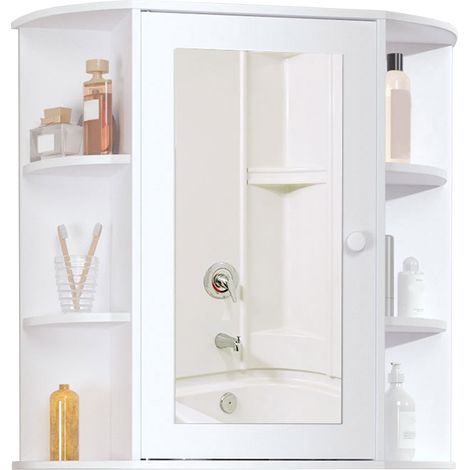 Miroir de rangement pour salle de bain, porte centrale et étagères en bois blanc (66 x 17 x 63 cm), meuble de salle de bain avec miroir