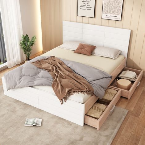 Letto in legno 180x200 cm con 2 cassetti, struttura moderna con rete a doghe, bianco, senza materasso (1/5)