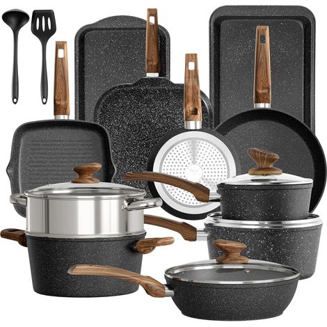 Kitchen Academy Non-Stick Pots and Pans Set, 17 Piece Granite-Coated Kitchen Cookware Set, Induction Cooking Saucepan Set, Black (1/5)