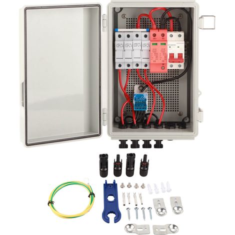 Boîte de combinaison photovoltaïque DC 500V, 4 entrées de chaîne, étanche, avec fusible 15A et disjoncteur 63A. (1/5)