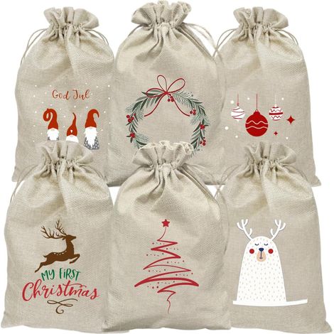 6 Pièces Pochette Cadeau Noel Pochon Tissu,Sac Cadeau Noel Grand Format 20x30cm,Pochette Tissu Sac Toile De Jute Avec Motif Coloré,Sachet Cadeau Pour Bonbon Biscuits, Chocolats, Petits Cadeaux (1/5)