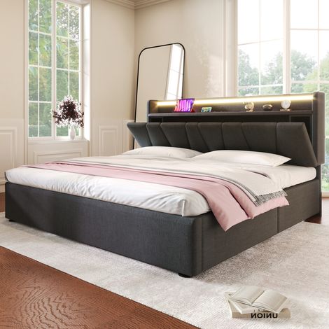 Bettkastenbett 160 x 200 cm aus Holz, Doppelbett mit Kopfteil mit Stauraum und LED, Ohne Matratze, Grau