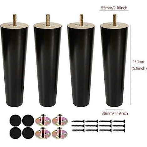 Pieds de meubles en bois massif, lot de 4 avec vis et patins de protection pour canapé, lit, meuble TV, chaise, noir 15 cm (1/2)