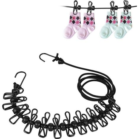 Corde à linge portable de 180 cm avec 12 pinces à linge et boucle coupe-vent, idéale pour les vacances, les voyages, le camping et le balcon. (1/5)