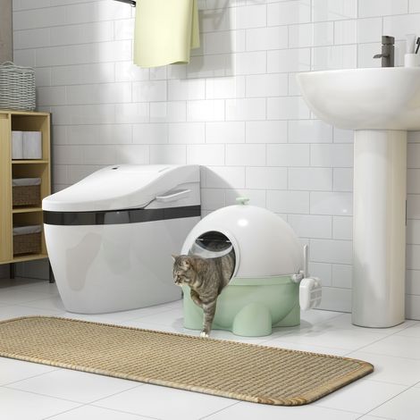 Bac à litière pour chat avec porte à charnières et couvercle amovible, 53 x 51 x 48 cm, vert et blanc (1/5)