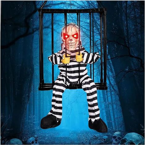 Squelette Halloween effrayant en cage avec cris,Décoration créature cauchemardesque Halloween, idéale fêtes, maisons hantées & décors effrayants