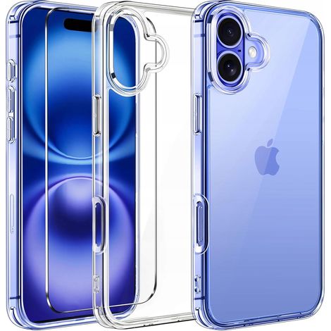 Funda delgada para iPhone 16 Plus, carcasa trasera transparente + cristal protector. (1/5)