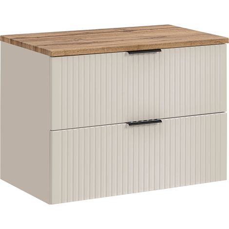 Furnidea - Meuble de salle de bain suspendu sous vasque ADEL CACHEMIRE avec plan CHÊNE 80 cm - 2 tiroirs, façades rainurées (1/5)