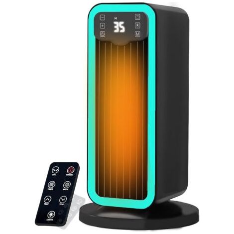 Chauffage d'appoint, Radiateur Electrique Céramique 1500W PTC avec Thermostat, Oscillation 70°, Minuterie 12H, Télécommande, Protection Surchauffe et Basculement, Chauffage pour Chambre (1/5)