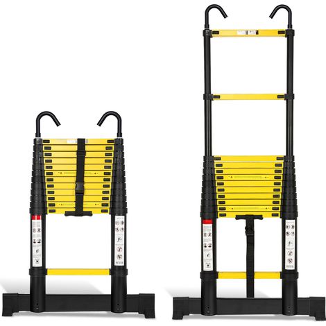 Wolketon Profi Teleskopleiter 3,8M schwarz Aluminium 150kg Tragkraft Mehrzweckleiter rutschfeste Gummifüße mit Stabilisator und Abnehmbaren Haken