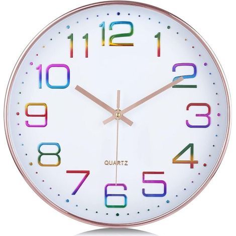 Horloge Murale Chiffres 3D Multicolore, Silencieuse Moderne 30cm Pendule Murale Or Rose, Facile à Lire sans Tic-tac Déco pour Cuisine Salon (1/4)