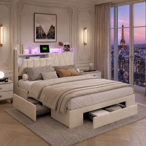 Lit 140x190 cm, tête de lit rabattable capitonnée velours, LED, ports USB et Type-C, rangement caché (1/5)